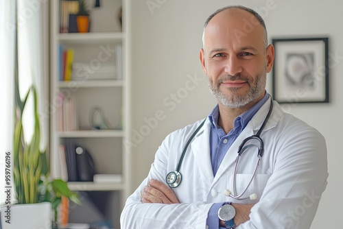 Portrait of handsome young male doctor in white coat and stethoscope standing in office