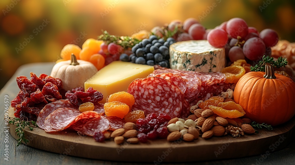 A close-up of a rustic autumn charcuterie board, featuring a selection of cheeses, cured meats, dried fruits, and nuts, all styled with seasonal decorations like small pumpkins and fall leaves. A close-up of a rustic autumn charcuterie board, featuring a selection of cheeses, cured meats, dried fruits, and nuts, all styled with seasonal decorations like small pumpkins and fall leaves.