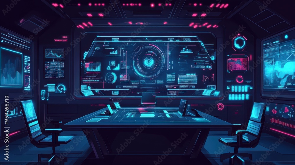 Obraz premium Digital Collaboration Hub: Futuristic Virtual Meeting Space with Tech-Heavy Flat Design Interface Illustration