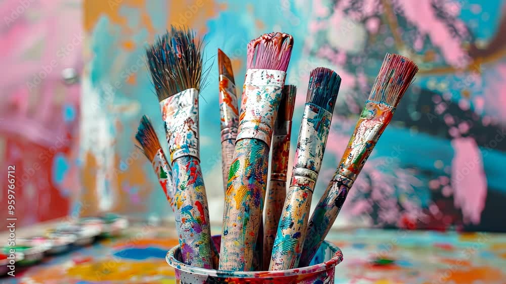 Paintbrushes in a colorful studio, creative art expression concept Paintbrushes in a colorful studio, creative art expression concept