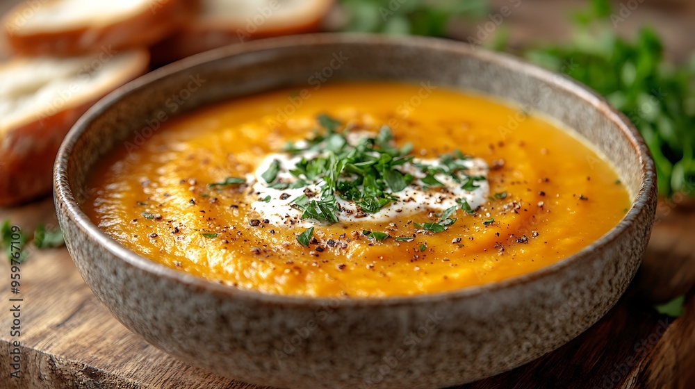 A close-up of a steaming bowl of creamy butternut squash soup, garnished with fresh herbs and a swirl of cream, served with a slice of crusty bread on a rustic wooden table. The warm, A close-up of a steaming bowl of creamy butternut squash soup, garnished with fresh herbs and a swirl of cream, served with a slice of crusty bread on a rustic wooden table. The warm,