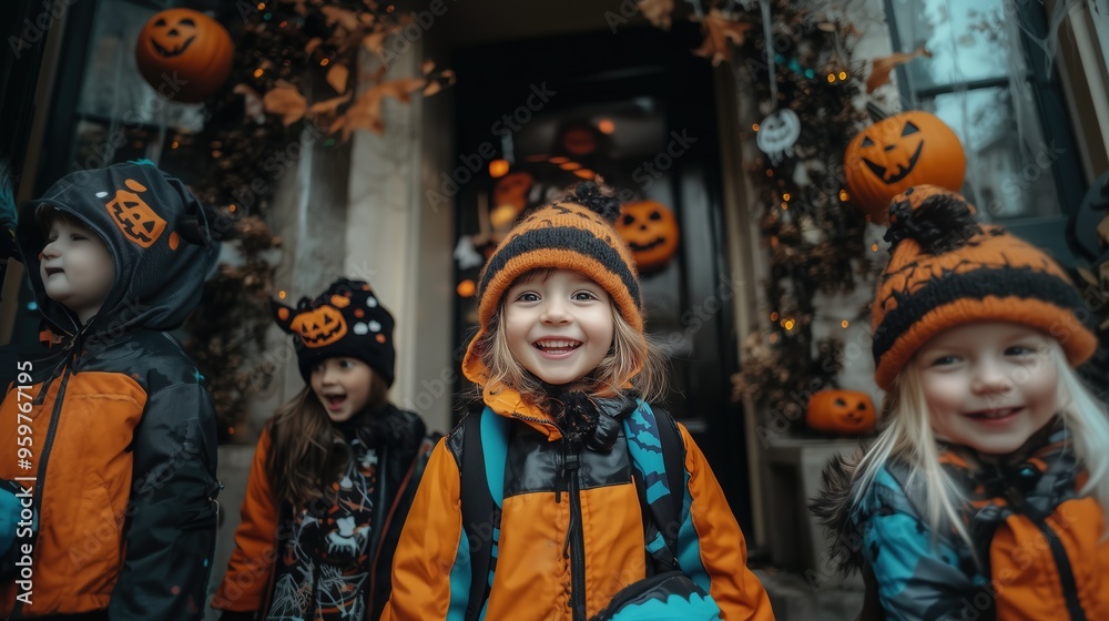 Obraz premium group of child in Halloween clothes, in the background the door of the house is decorated for Halloween