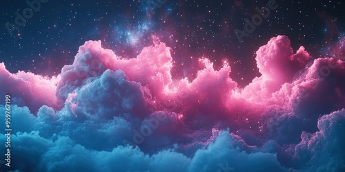 Dreamy Pink and Blue Clouds Under Starry Night Sky and Galaxy, Vibrant Cosmic Nebula in Deep Space with Stars and Galaxies Across the Universe