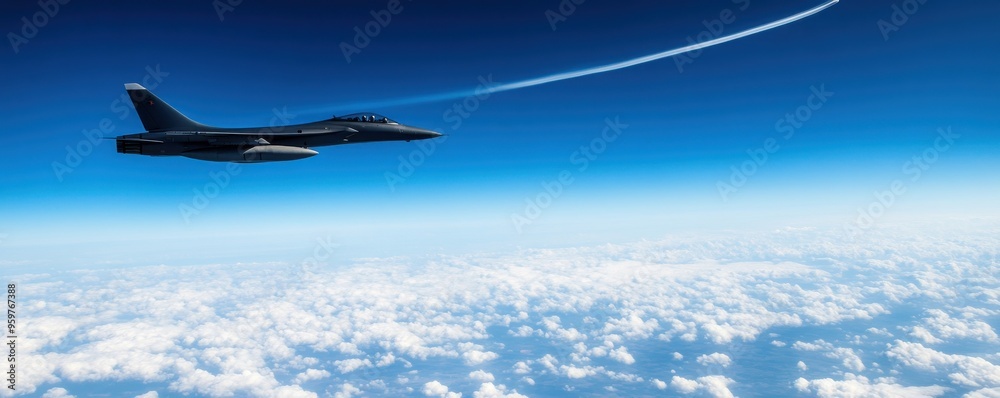 Naklejka premium A majestic fighter jet soaring through a clear blue sky, leaving a vapor trail behind as it navigates above fluffy white clouds.