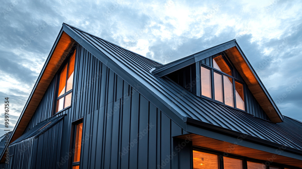 Black corrugated metal roof on a modern industrial building, showcasing durability and a sleek, industrial aesthetic Black corrugated metal roof on a modern industrial building, showcasing durability and a sleek, industrial aesthetic