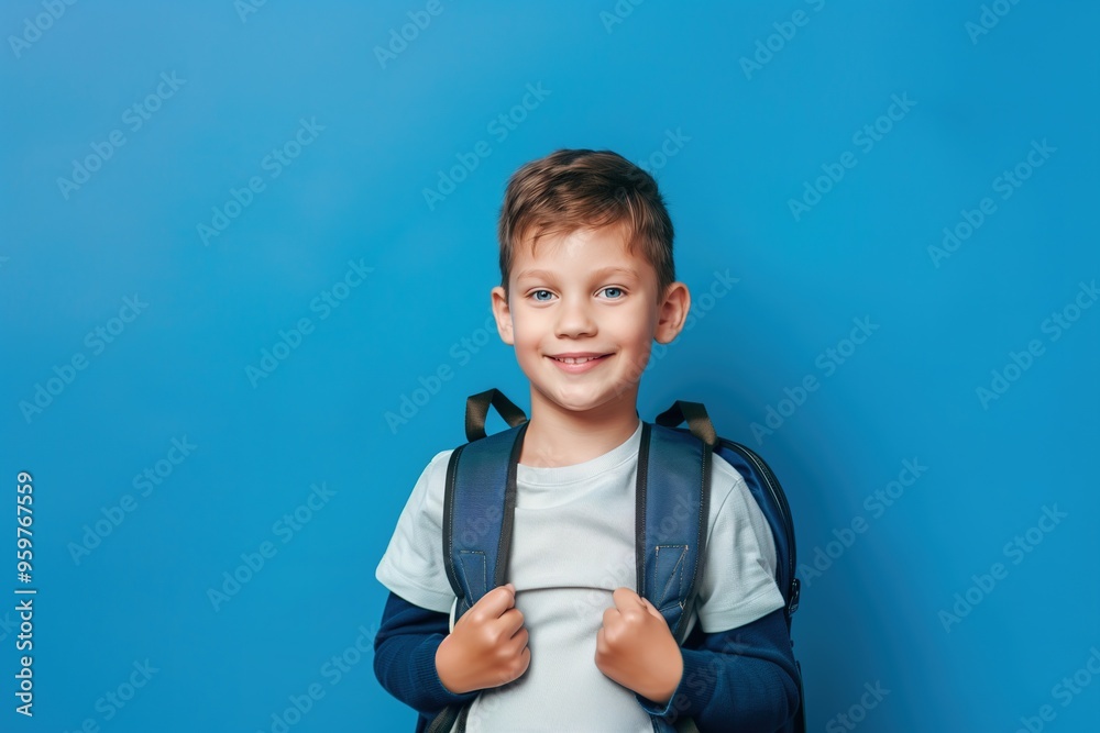 Portrait of smiling schoolboy with school bag isolated on light blue background Portrait of smiling schoolboy with school bag isolated on light blue background