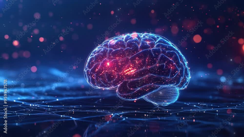 Abstract brain hologram background. Digital brain. Brain Artificial Intelligence Concept. Brain activity. Brain anatomy. Science showing the human brain. Human brain animation. Copy space area Abstract brain hologram background. Digital brain. Brain Artificial Intelligence Concept. Brain activity. Brain anatomy. Science showing the human brain. Human brain animation. Copy space area
