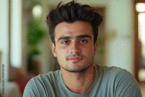 A close-up portrait of a young Indian or Pakistani man wearing a casual t-shirt, with a blurred background.