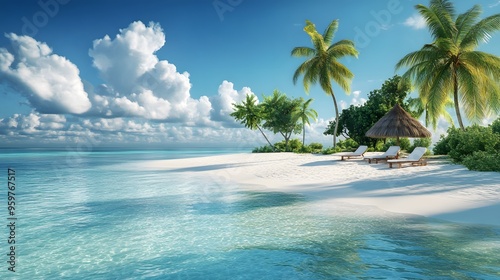 Tranquil beach scene featuring clear water, palm trees, and a relaxing hut under a blue sky, perfect for vacation escapes.