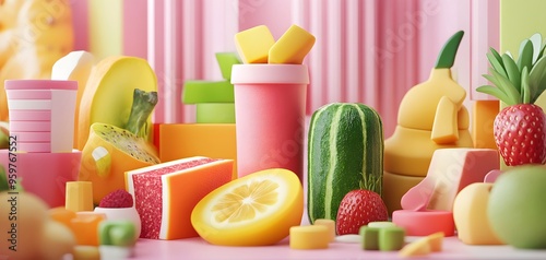 Vibrant arrangement of colorful fruits and playful shapes, showcasing an artistic display of sweetness and creativity.