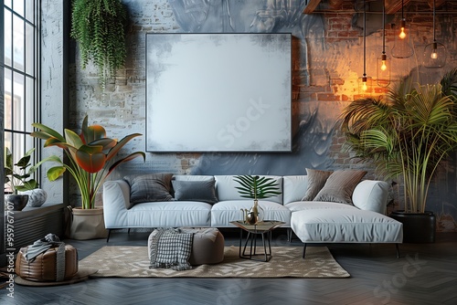 A stylish living room interior featuring a blank canvas on the wall, ready for artwork. The room has modern furniture, plants, and cozy lighting photo