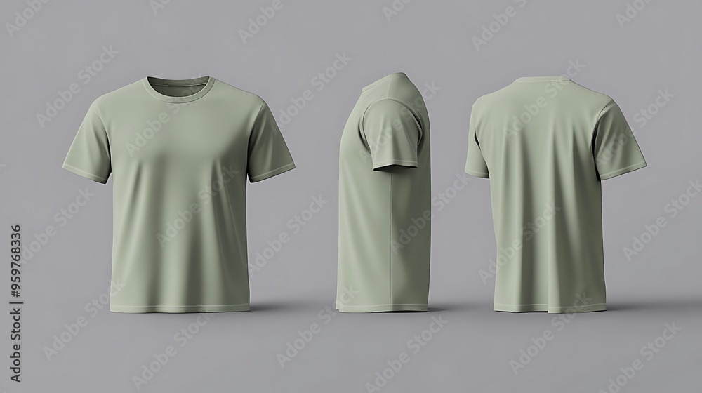 Sage Green T Shirt Mockup Front Side and Back Views Sage Green T Shirt Mockup Front Side and Back Views