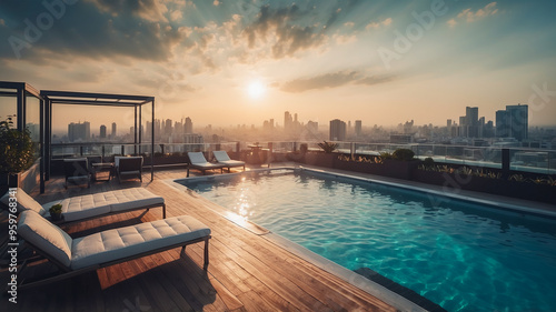 rooftop pool of a luxury hotel and the sunset view