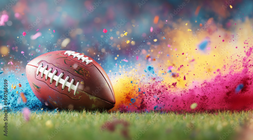 A vibrant American football surrounded by colorful powder paint creates an energetic scene.