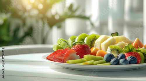 Elegant Minimalist Fruit Platter with Assorted Sliced Berries and Kiwi 