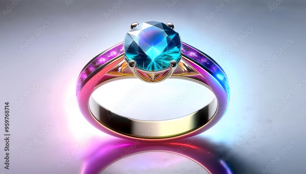 3D illustration of diamond ring design on white background in studio, symbol of love and commitment. 3D illustration of diamond ring design on white background in studio, symbol of love and commitment.