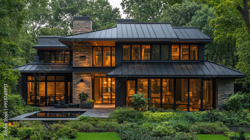 Black metal roof custom design, featuring a unique architectural home with a one-of-a-kind roof design that stands out