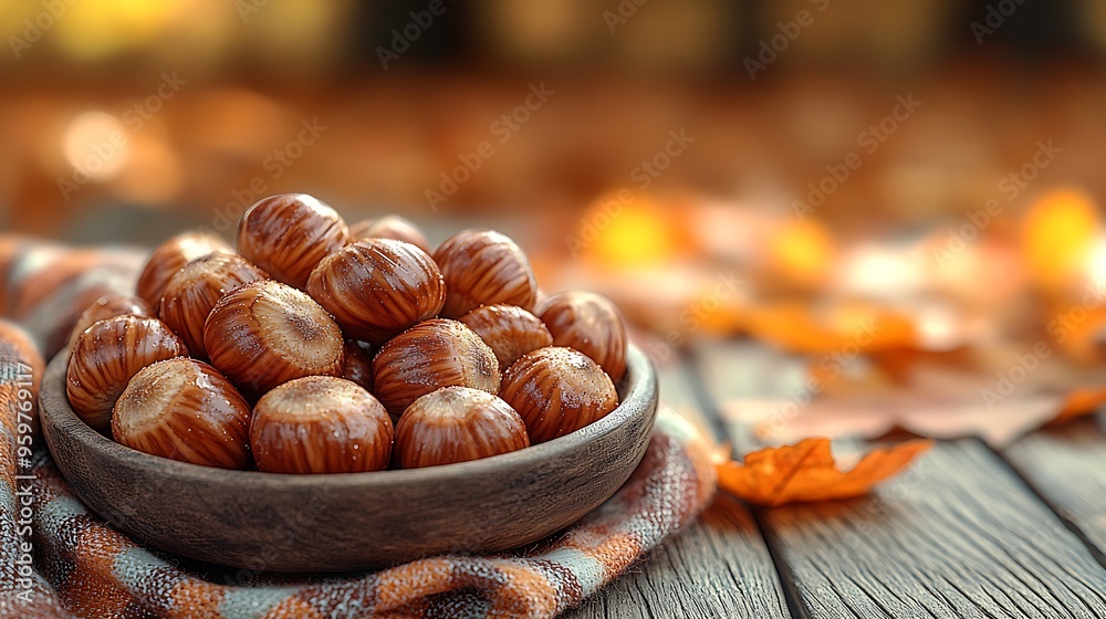 A cozy autumn scene featuring a pile of roasted chestnuts still in their shells, set on a rustic wooden table with a warm, plaid blanket draped nearby. A cozy autumn scene featuring a pile of roasted chestnuts still in their shells, set on a rustic wooden table with a warm, plaid blanket draped nearby.