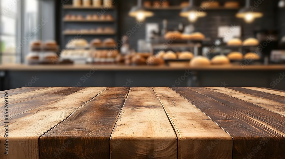 Empty wooden table top with a blurred background of a bakery shop interior for product display montage