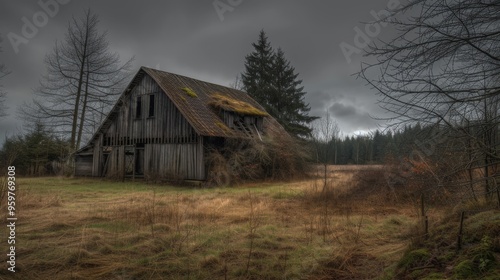 A hauntingly beautiful scene of an abandoned barn set against a misty, overcast sky. The dilapidated structure is surrounded by a barren field, evoking a sense of solitude and desolation.