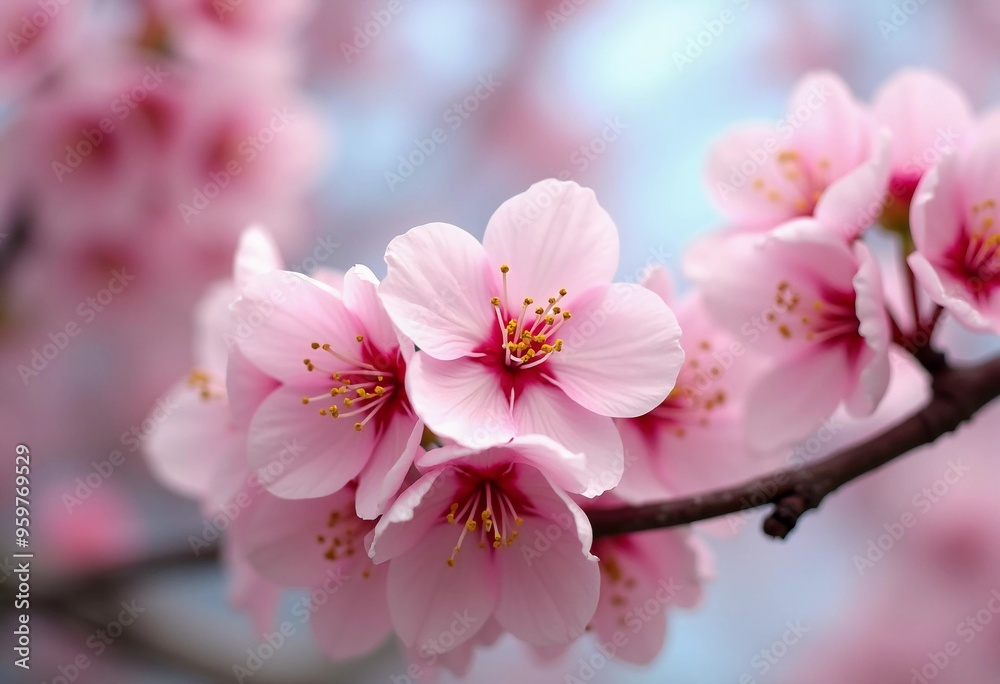 Fototapeta premium Sakura is blooming. Delicate pink cherry blossoms bloom beautifully on a tree branch during the spring season, filling the scene with vibrant colors and a sense of renewal in nature. Generative AI