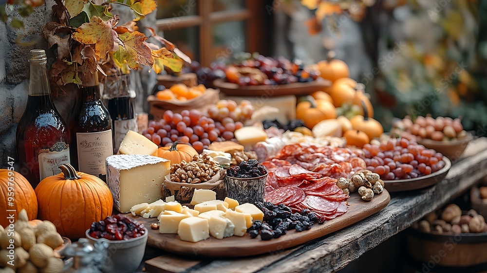 A cozy autumn scene with a charcuterie board overflowing with fall-inspired cheeses, meats, dried fruits, and nuts, surrounded by mini pumpkins, autumn leaves, and rustic tableware. The soft, A cozy autumn scene with a charcuterie board overflowing with fall-inspired cheeses, meats, dried fruits, and nuts, surrounded by mini pumpkins, autumn leaves, and rustic tableware. The soft,