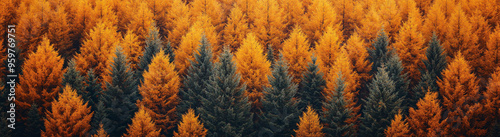 Aerial view of autumn forest with golden and green trees, vibrant seasonal landscape, natural texture