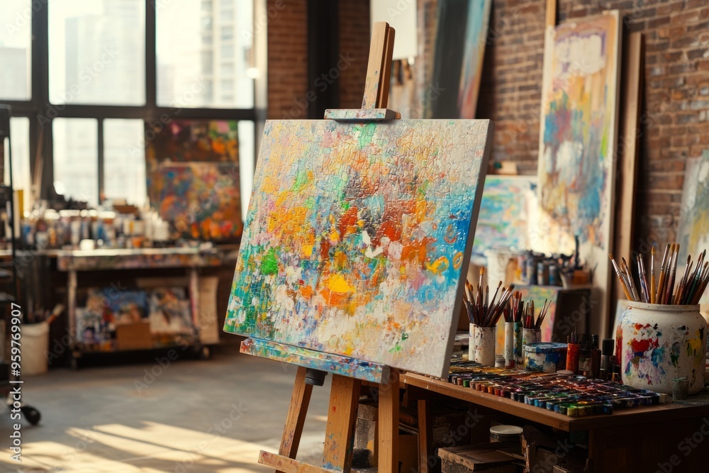 A vibrant art studio with a colorful canvas on display. The space is filled with paints and creative tools. Inspiration thrives here. Generative AI A vibrant art studio with a colorful canvas on display. The space is filled with paints and creative tools. Inspiration thrives here. Generative AI