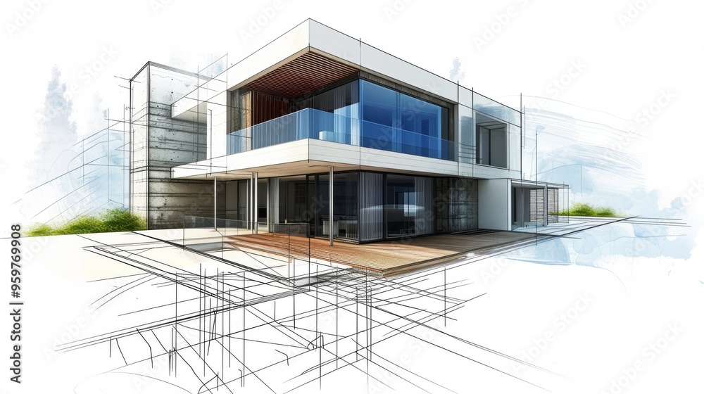 Exterior view of a modern house blending digital rendering and architectural sketches, showcasing clean lines and contemporary design elements. Perfect for architects, designers, and real estate Exterior view of a modern house blending digital rendering and architectural sketches, showcasing clean lines and contemporary design elements. Perfect for architects, designers, and real estate