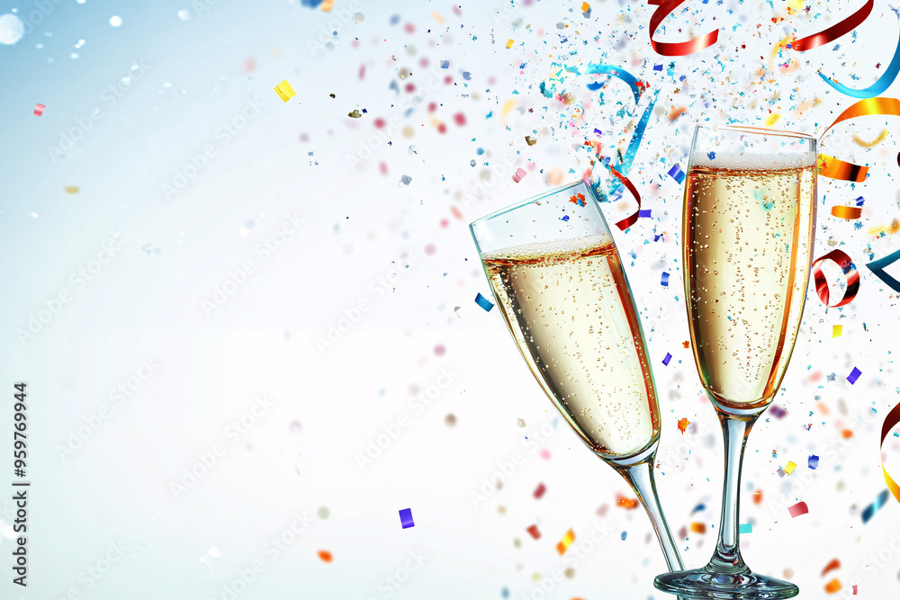 Two champagne glasses with bubbly drink and colorful confetti scattered around creating a festive celebratory scene