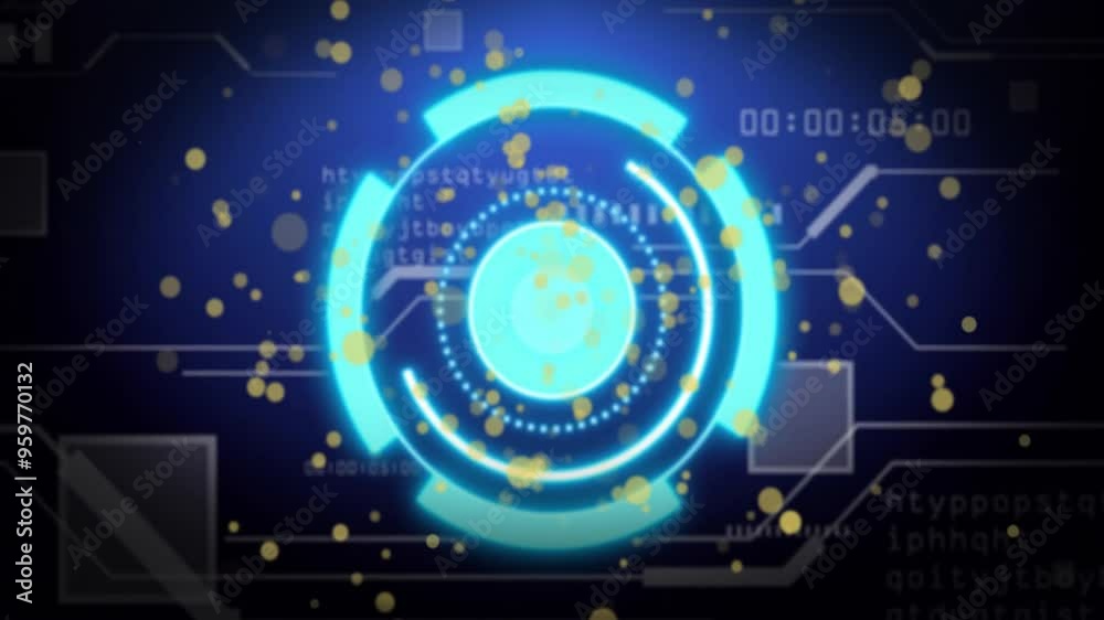Rotating blue circular animation with data processing elements and yellow particles Rotating blue circular animation with data processing elements and yellow particles
