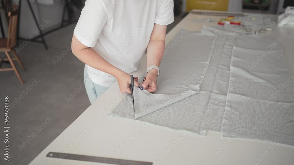 Camera view of Caucasian person's hand holding material while cutting with scissors small piece. Measuring everything correctly and folding. Preparing order for customer. Sewing factory. Camera view of Caucasian person's hand holding material while cutting with scissors small piece. Measuring everything correctly and folding. Preparing order for customer. Sewing factory.