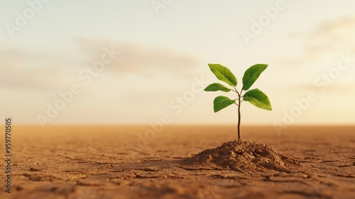 A resilient plant emerges from arid soil, symbolizing hope and renewal in a barren environment under a warm sunrise. photo