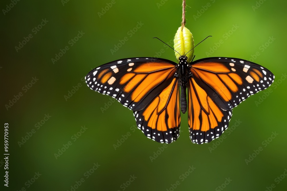 A stunning butterfly emerging from its chrysalis, showcasing vibrant orange wings against a lush green background. A stunning butterfly emerging from its chrysalis, showcasing vibrant orange wings against a lush green background.