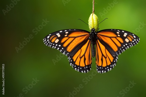 A stunning butterfly emerging from its chrysalis, showcasing vibrant orange wings against a lush green background.