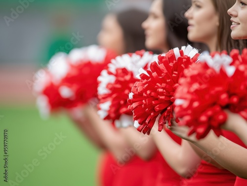 Cheerleaders in red uniforms holding pom-poms, showcasing team spirit and excitement at a sporting event.