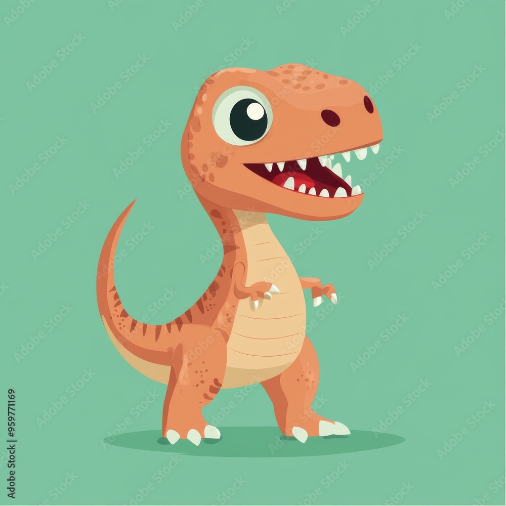 Naklejka premium A cute cartoon dinosaur with big eyes and a toothy grin stands on a green background.