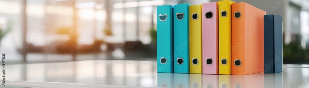 Colorful office binders neatly arranged on a table in a modern workspace, representing organization and productivity. Colorful office binders neatly arranged on a table in a modern workspace, representing organization and productivity.