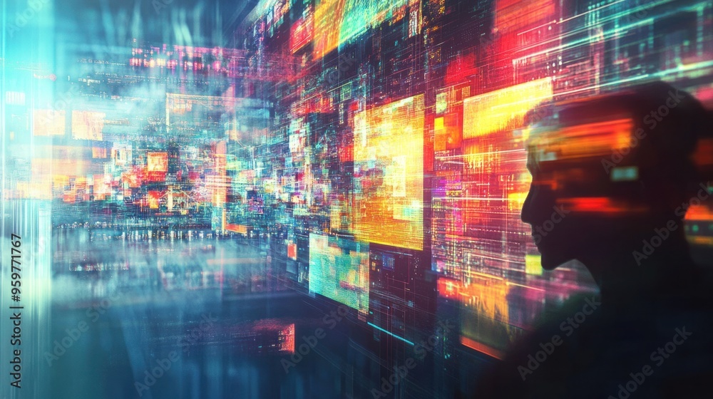 Obraz premium A vibrant multimedia background showcasing moving images, text overlays, and digital graphics in a cohesive design