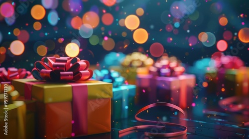 colorful gift boxes with ribbons and bows on dark background