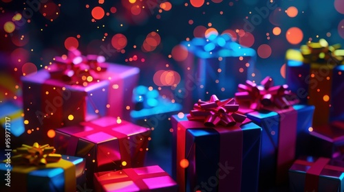colorful gift boxes with ribbons and bows on dark background