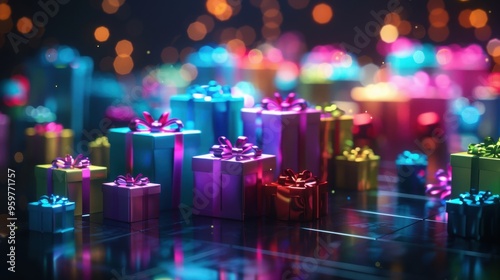 colorful gift boxes with ribbons and bows on dark background