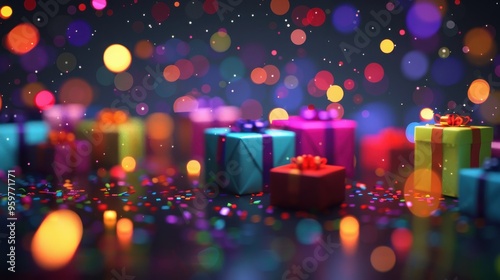 colorful gift boxes with ribbons and bows on dark background