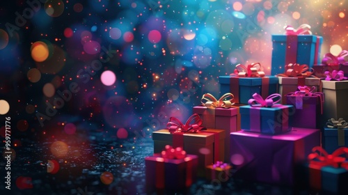 colorful gift boxes with ribbons and bows on dark background