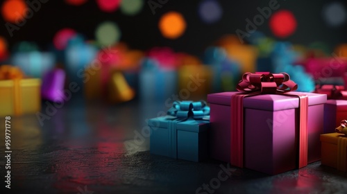colorful gift boxes with ribbons and bows on dark background