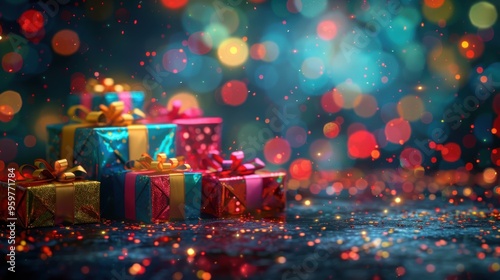colorful gift boxes with ribbons and bows on dark background