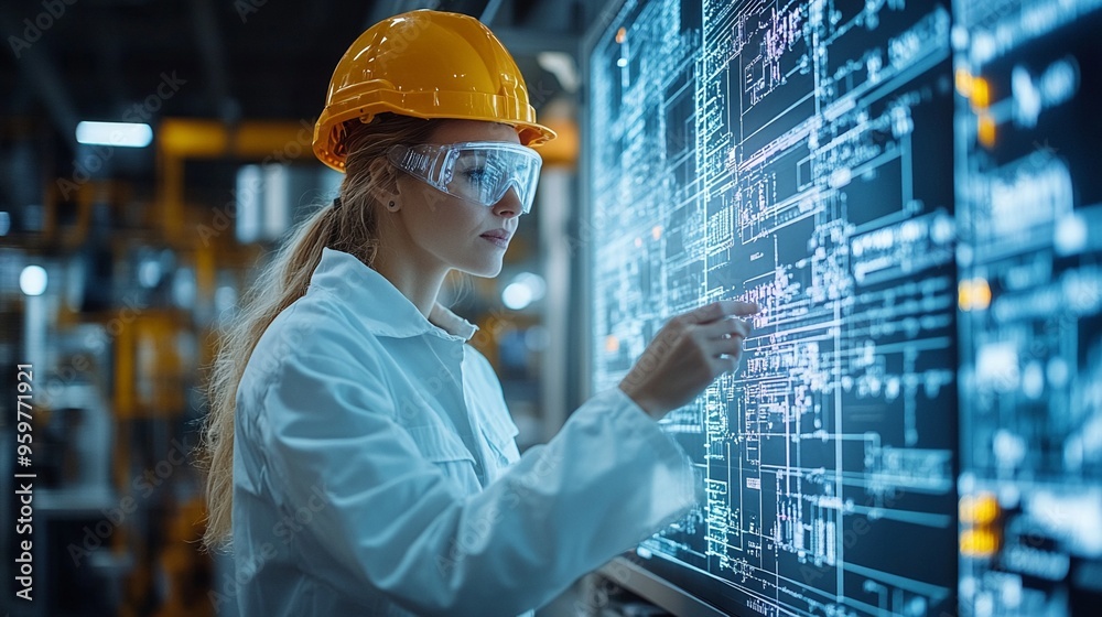 Female Engineer Monitoring Data: A woman wearing a hardhat and safety goggles intently analyzes a complex digital display in a high-tech industrial setting, showcasing the power and precision. Female Engineer Monitoring Data: A woman wearing a hardhat and safety goggles intently analyzes a complex digital display in a high-tech industrial setting, showcasing the power and precision.