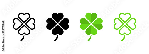 Four-leaf clover set icons. Linear, silhouette and flat style. Vector icons.