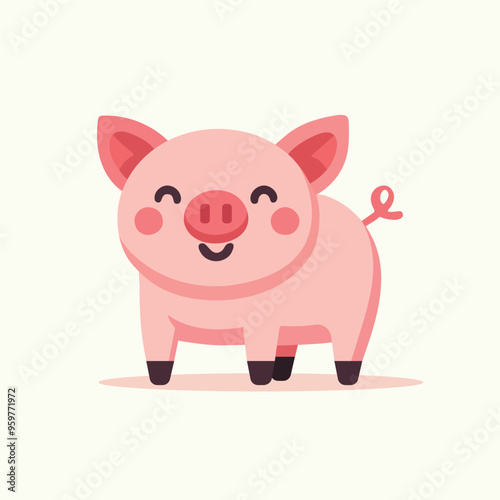 Happy cute pig farm cartoon flat design vector illustration