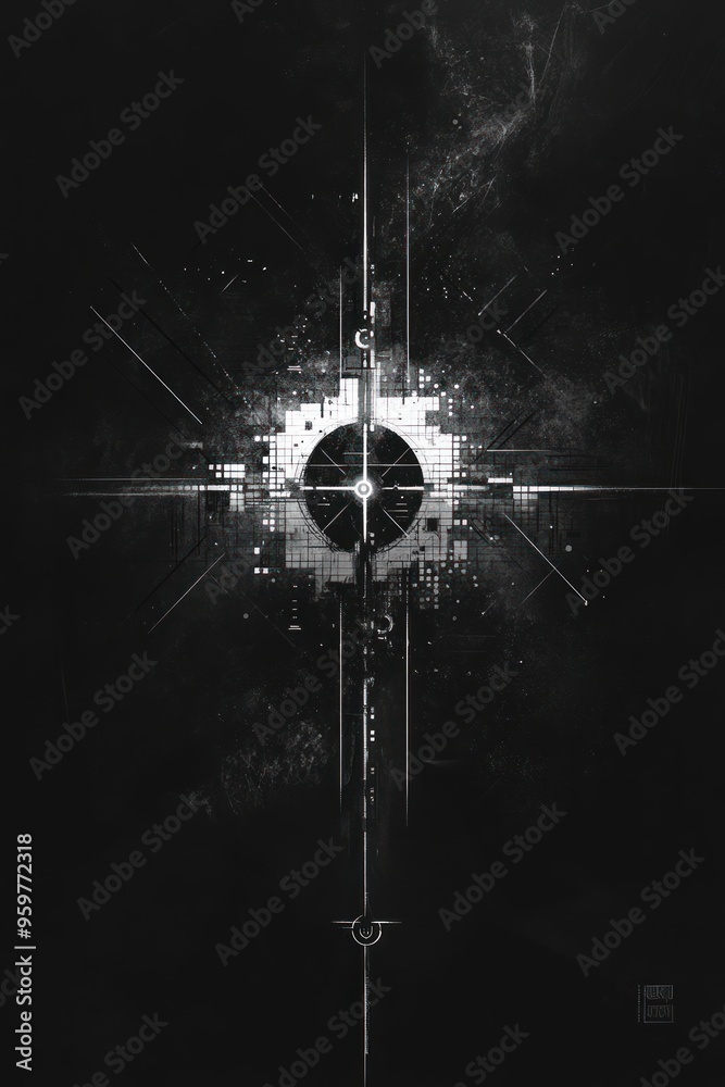 A digital abstract design in black and white with a circular center and radiating lines. A digital abstract design in black and white with a circular center and radiating lines.